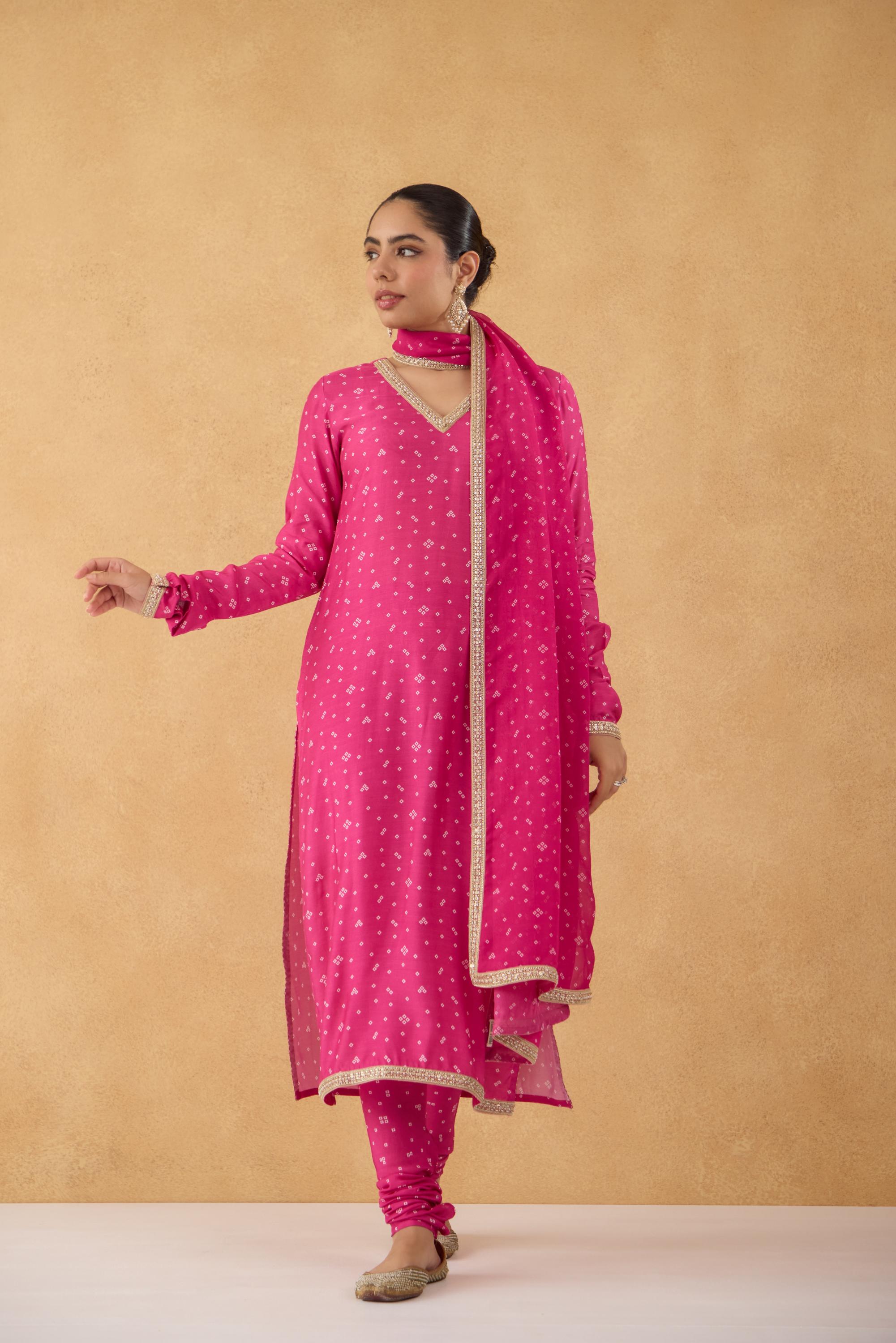 Fushia Bandhej Printed Kurta Set of 3