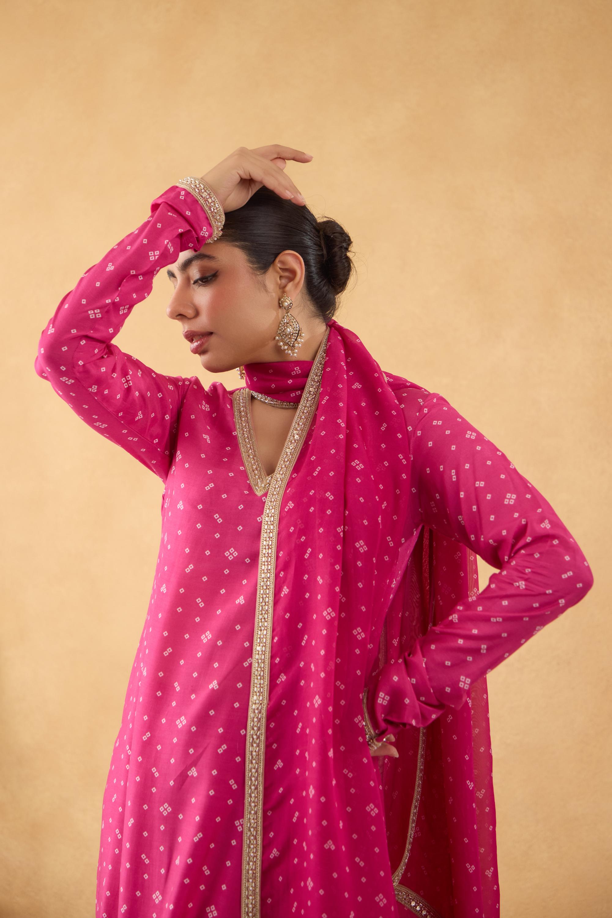 Fushia Bandhej Printed Kurta Set of 3