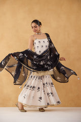 Maya: Black/White Strappy Short Kurta with Sharara & Dupatta