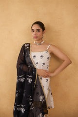 Maya: Black/White Strappy Short Kurta with Sharara & Dupatta