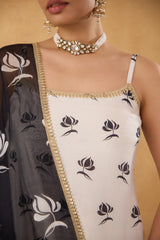 Black & White Embroidered Kurta With Floral Printed Dhoti Pants