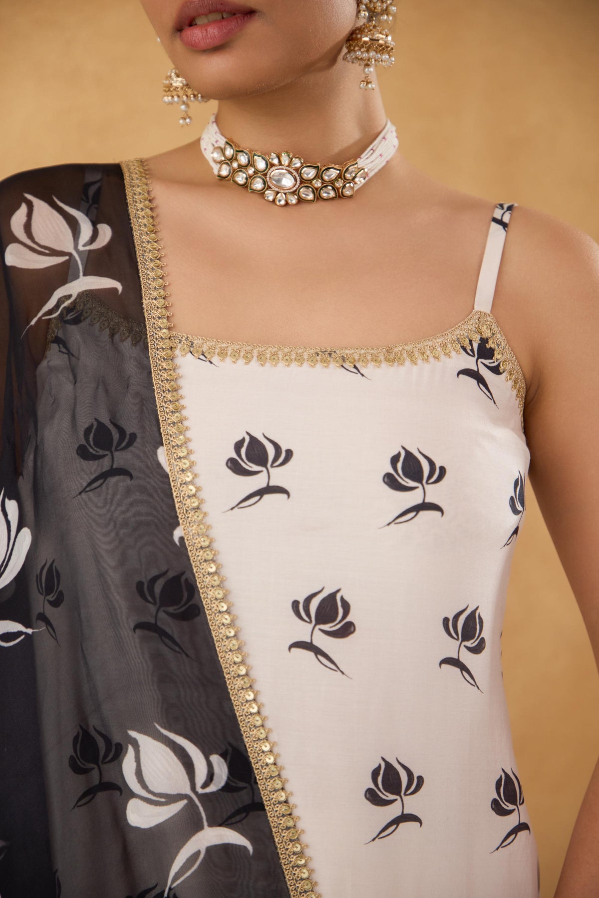 Black & White Embroidered Kurta With Floral Printed Dhoti Pants