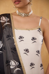 Maya: Black/White Strappy Short Kurta with Sharara & Dupatta