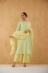 Lime Yellow Stripe Kurta with Bandhej Pants Set of 3