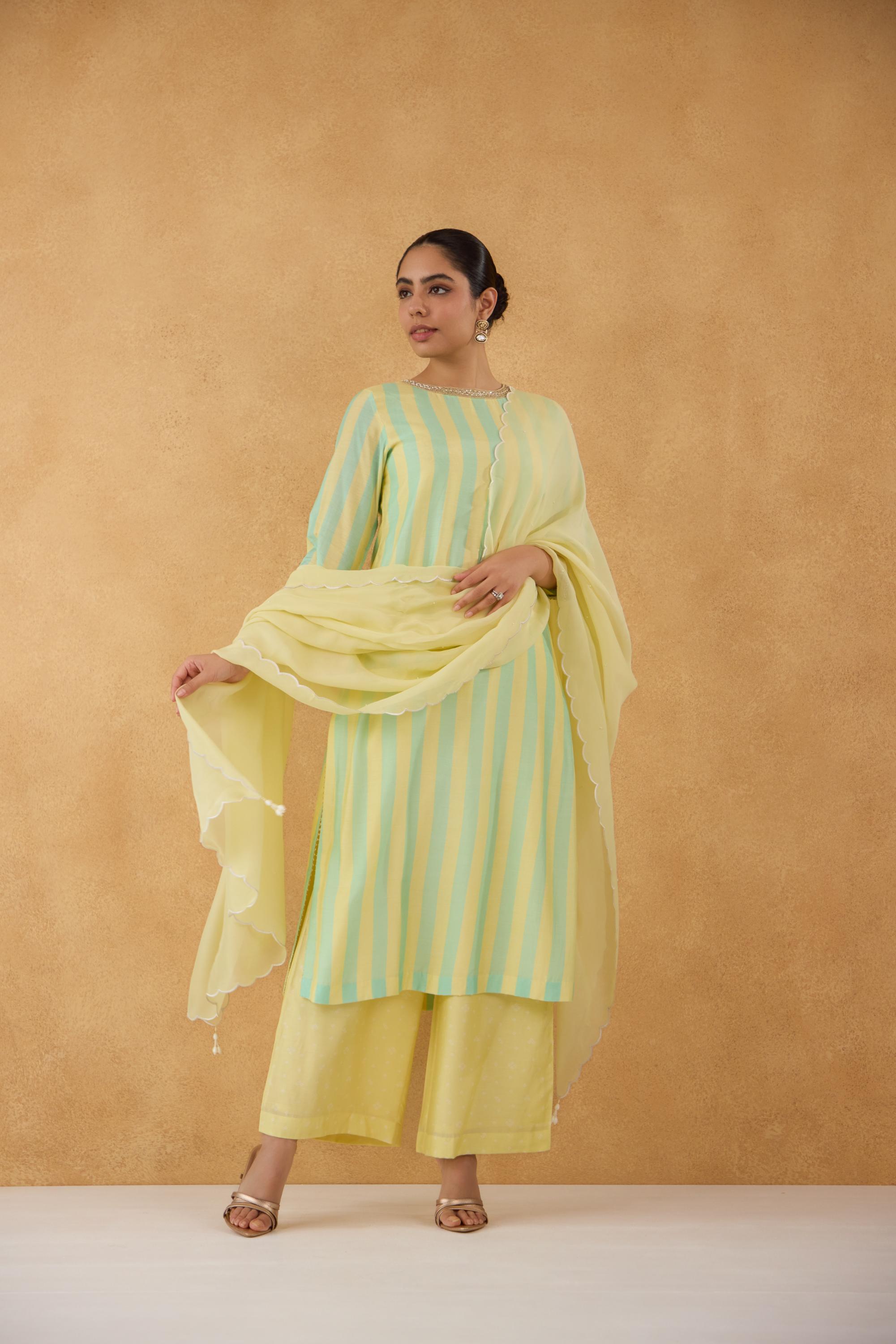 Lime Yellow Stripe Kurta with Bandhej Pants Set of 3