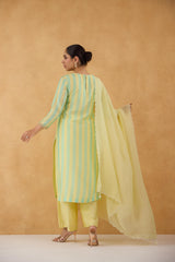 Lime Yellow Stripe Kurta with Bandhej Pants Set of 3