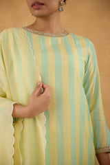 Lime Yellow Stripe Kurta with Bandhej Pants Set of 3