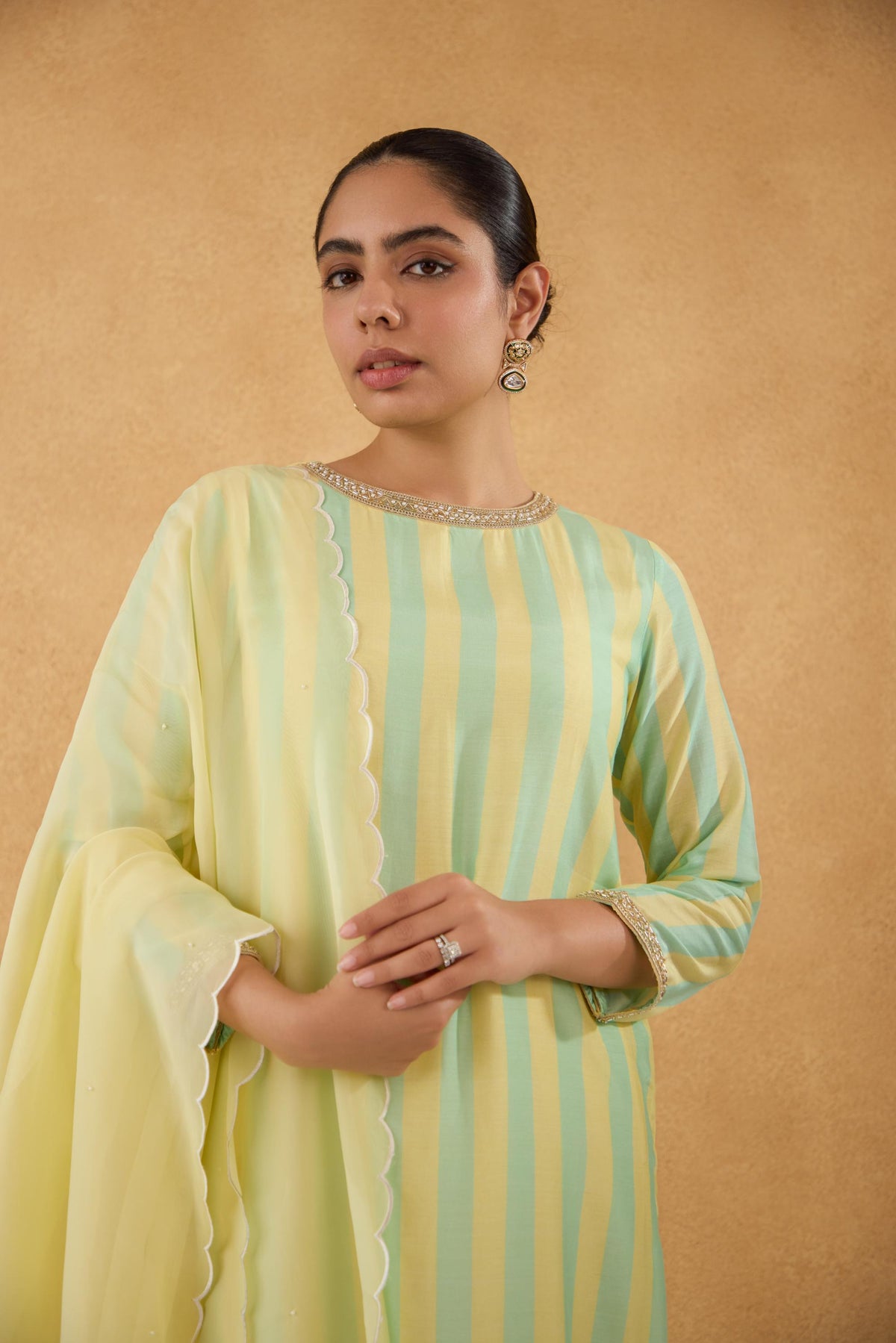 Lime Yellow Stripe Kurta with Bandhej Pants Set of 3