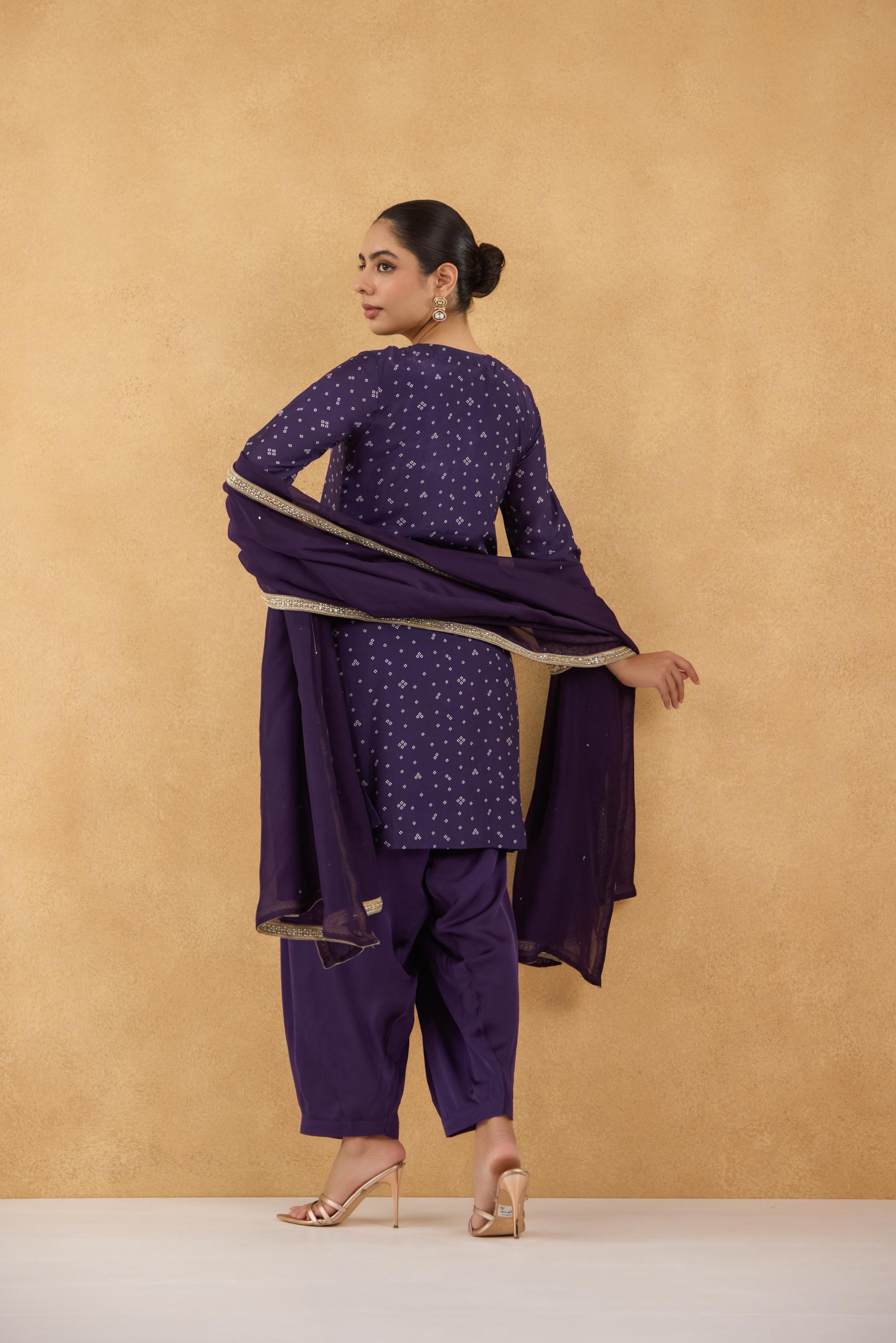 Purple Bandhej Printed Kurta Set of 3