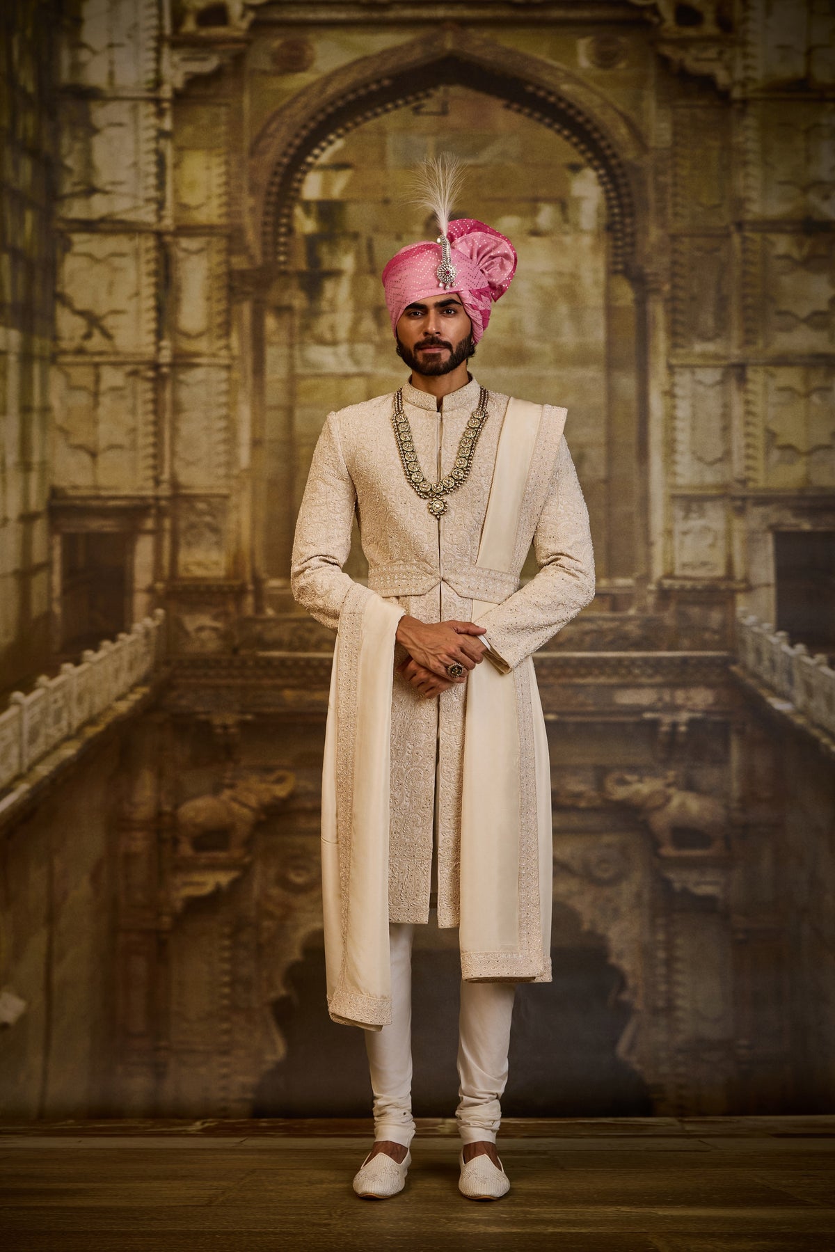 IVORY SHERWANI WITH KURTA AND CHURIDAR