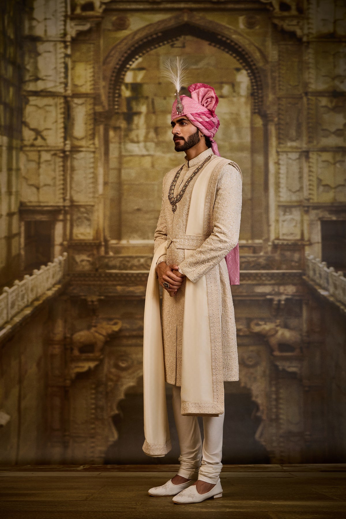 IVORY SHERWANI WITH KURTA AND CHURIDAR