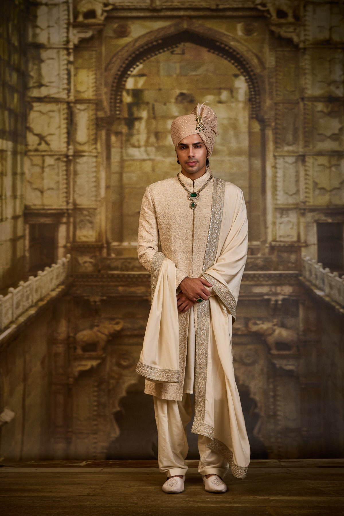 LIGHT BEIGE MOROCCAN PATTERN EMBROIDERY SHERWANI SET