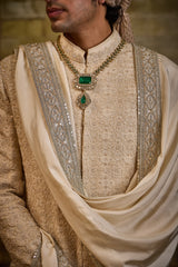 LIGHT BEIGE MOROCCAN PATTERN EMBROIDERY SHERWANI SET
