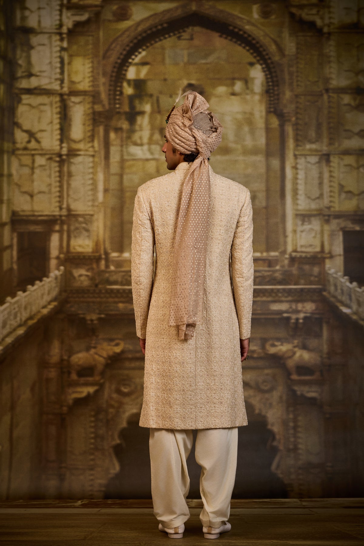 LIGHT BEIGE MOROCCAN PATTERN EMBROIDERY SHERWANI SET