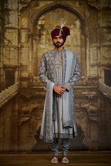 BLUE GREY OPEN SHERWANI JACKET WITH CHOGA AND CHURIDAR