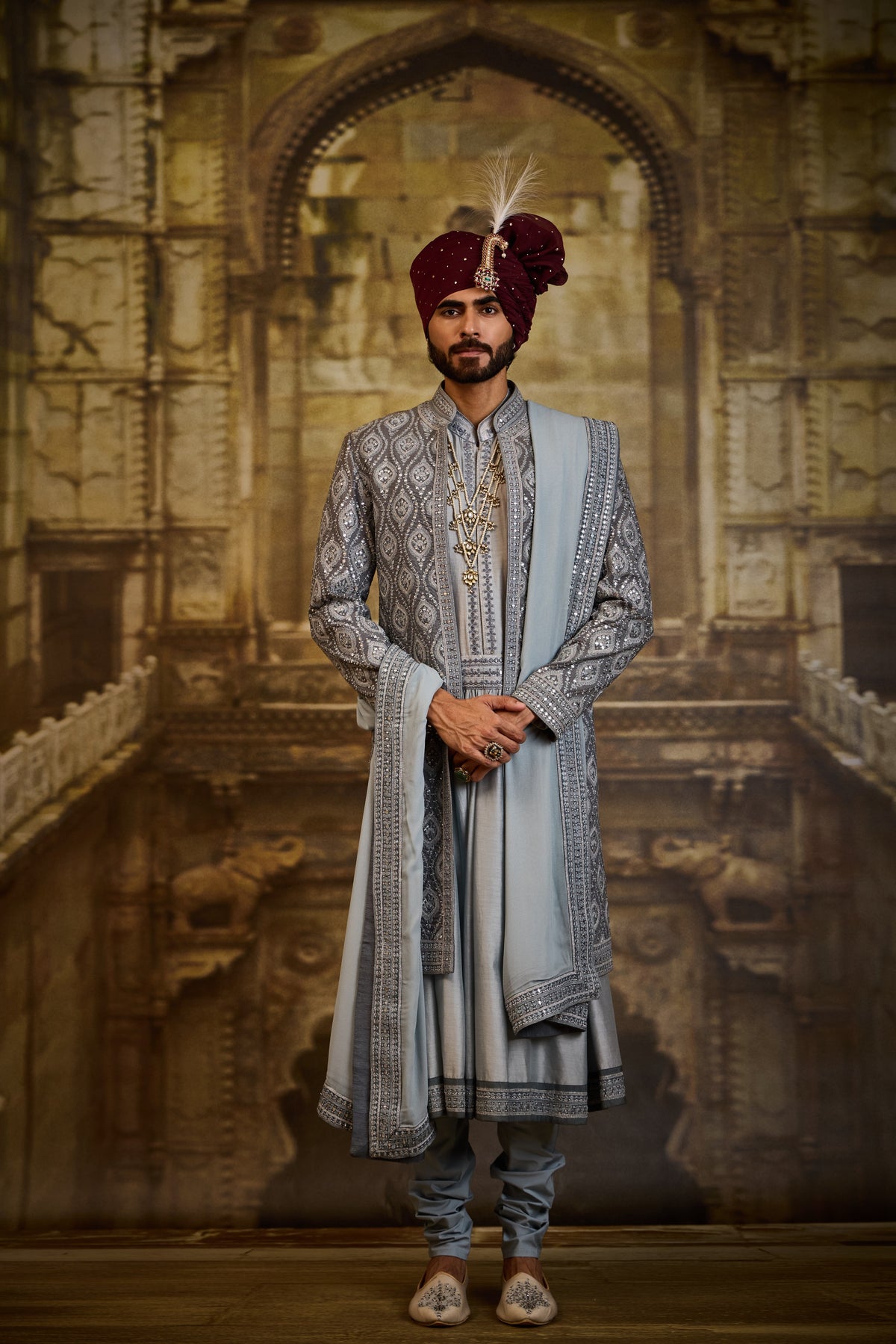 BLUE GREY OPEN SHERWANI JACKET WITH CHOGA AND CHURIDAR