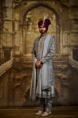 BLUE GREY OPEN SHERWANI JACKET WITH CHOGA AND CHURIDAR