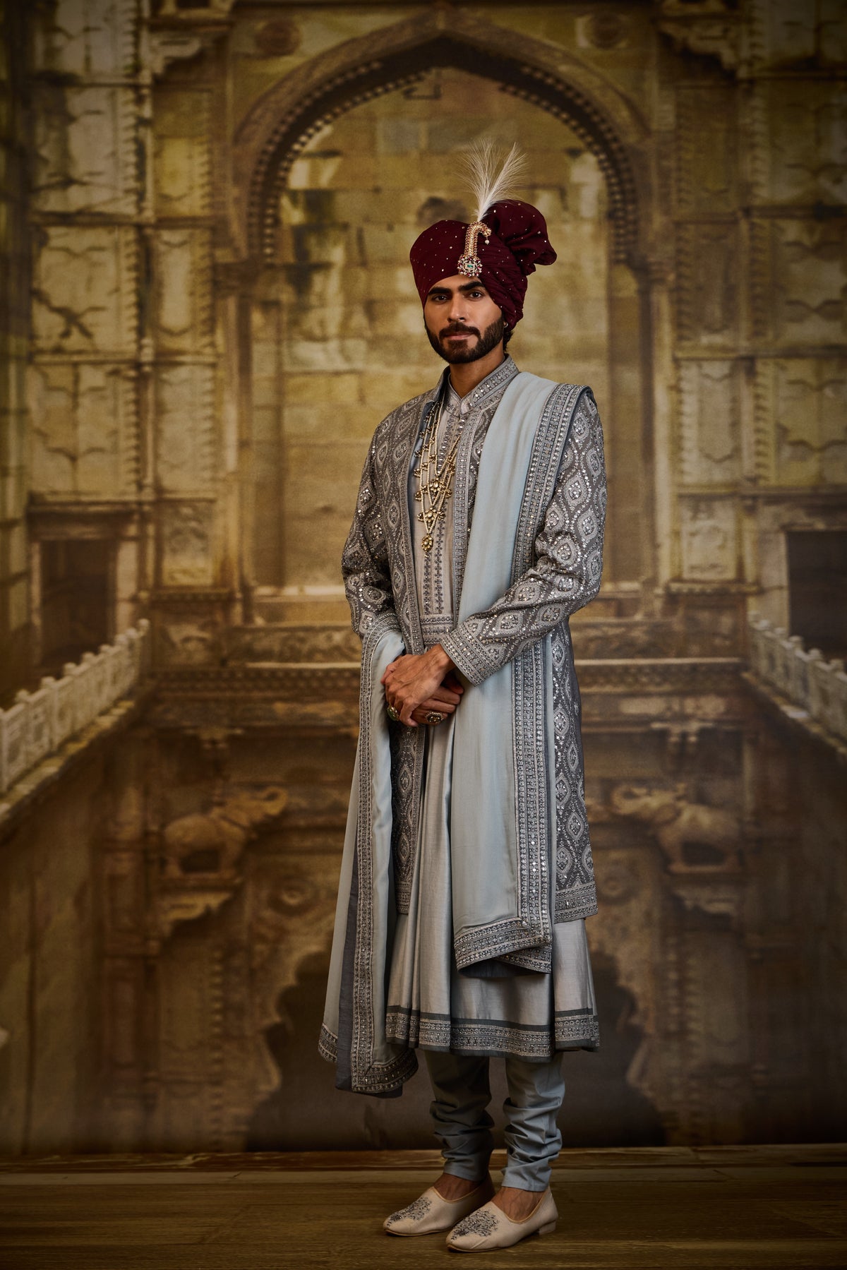 BLUE GREY OPEN SHERWANI JACKET WITH CHOGA AND CHURIDAR