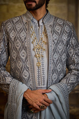 BLUE GREY OPEN SHERWANI JACKET WITH CHOGA AND CHURIDAR