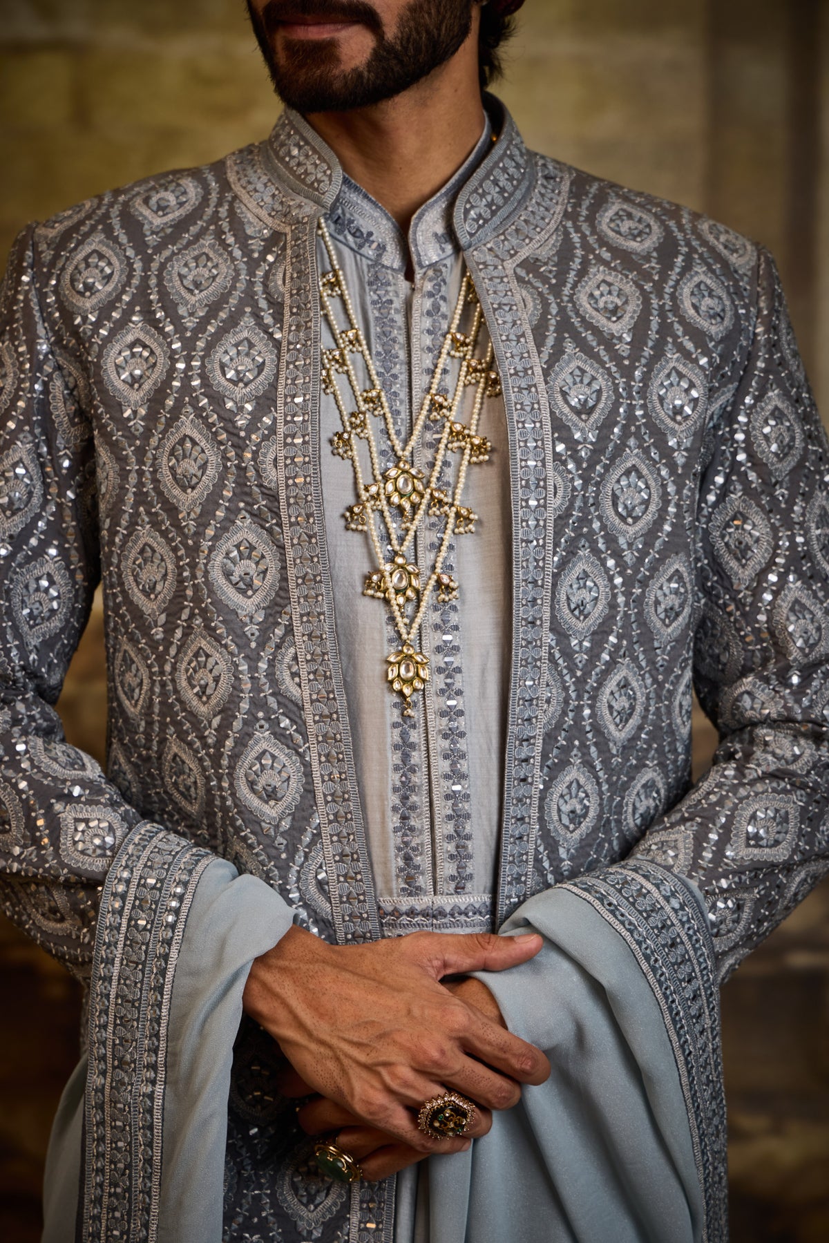 BLUE GREY OPEN SHERWANI JACKET WITH CHOGA AND CHURIDAR