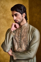 DARK OLIVE GREEN CHANDERI KURTA CHURIDAR SET