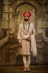 BEIGE RAW SILK SHERWANI KASAB EMBROIDERY