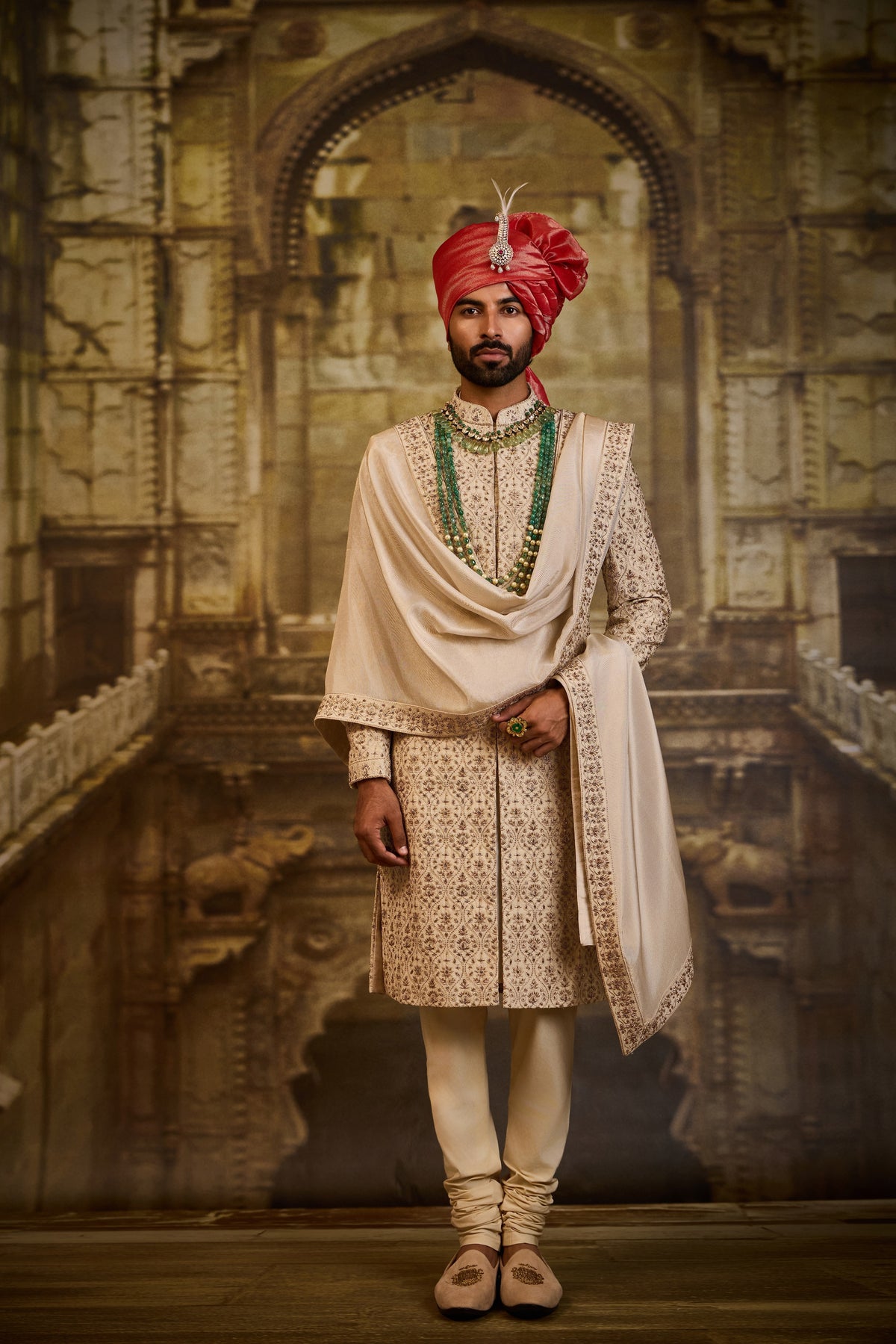 BEIGE RAW SILK SHERWANI KASAB EMBROIDERY