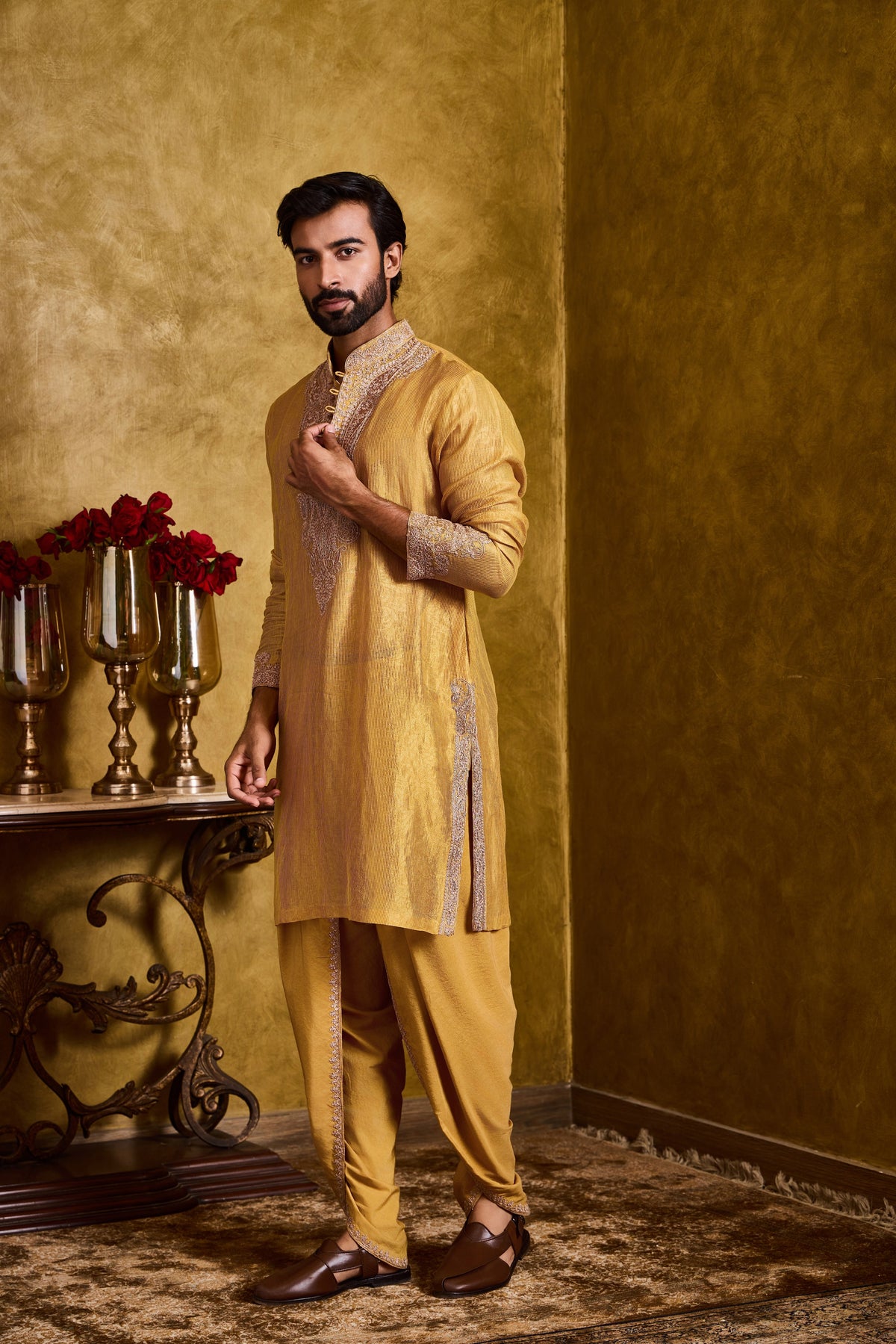 MUSTARD TISSUE CHANDERI KURTA DHOTI SET