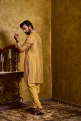 MUSTARD TISSUE CHANDERI KURTA DHOTI SET