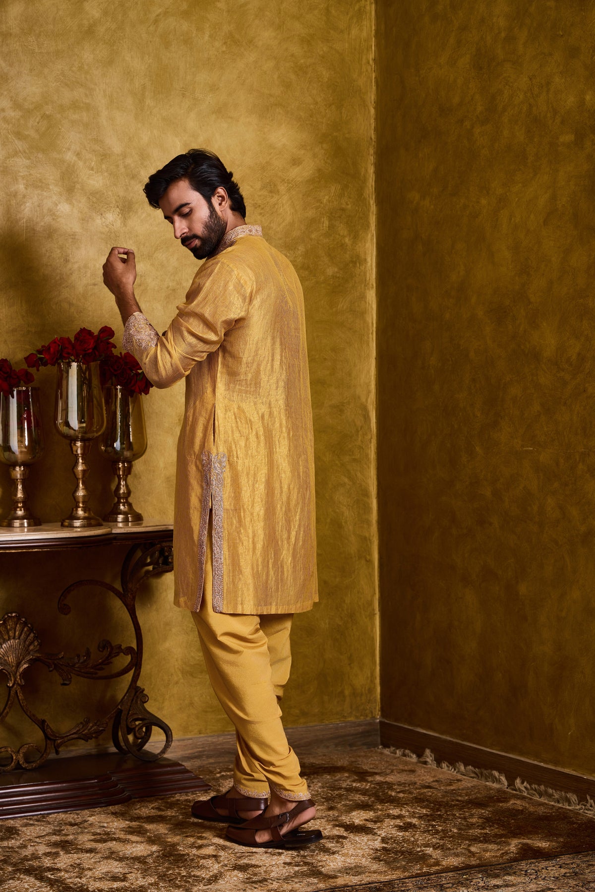 MUSTARD TISSUE CHANDERI KURTA DHOTI SET