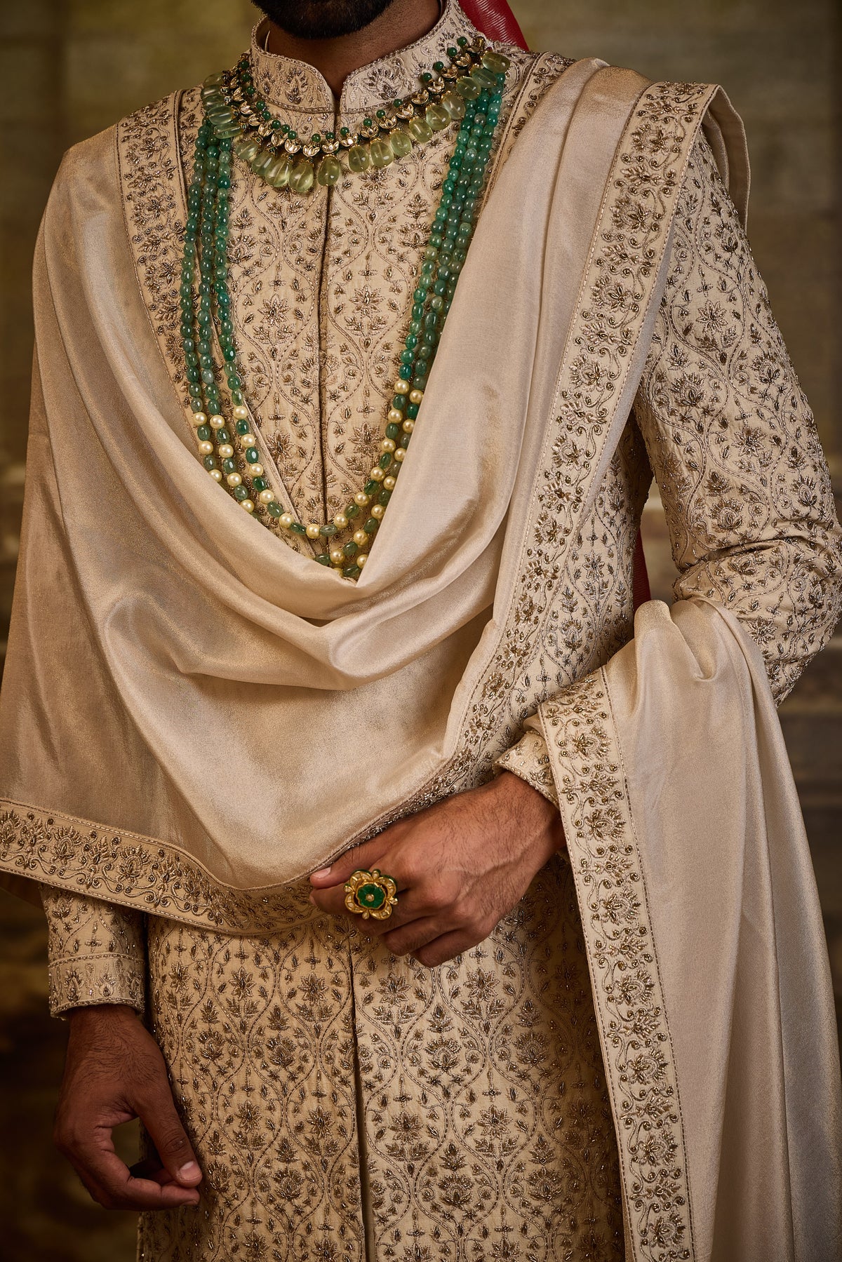 BEIGE RAW SILK SHERWANI KASAB EMBROIDERY