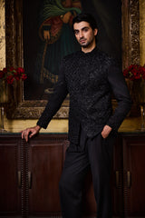 BLACK JODHPURI SUIT FLORAL EMBROIDERY SET