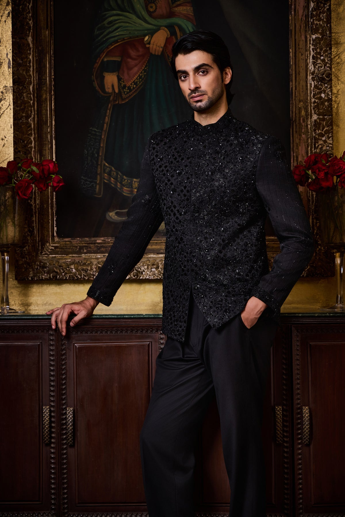 BLACK JODHPURI SUIT FLORAL EMBROIDERY SET