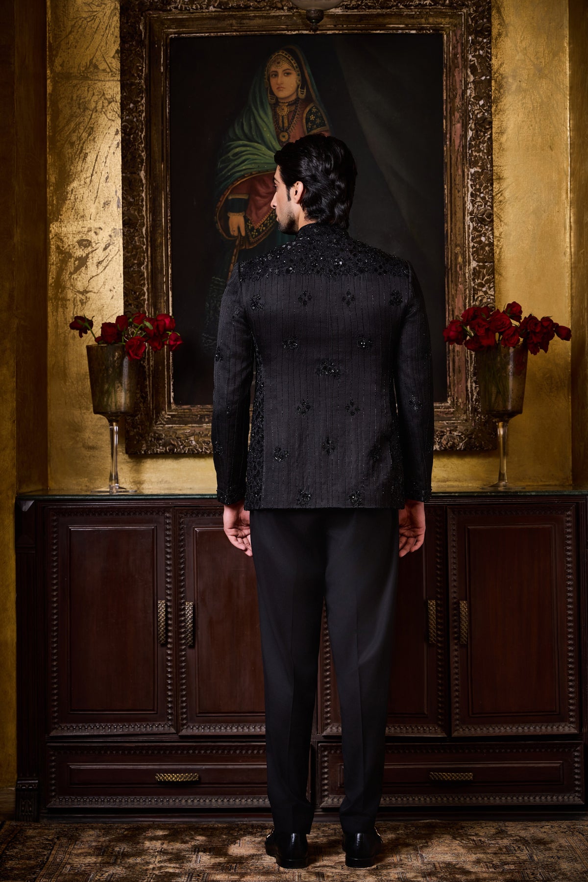 BLACK JODHPURI SUIT FLORAL EMBROIDERY SET