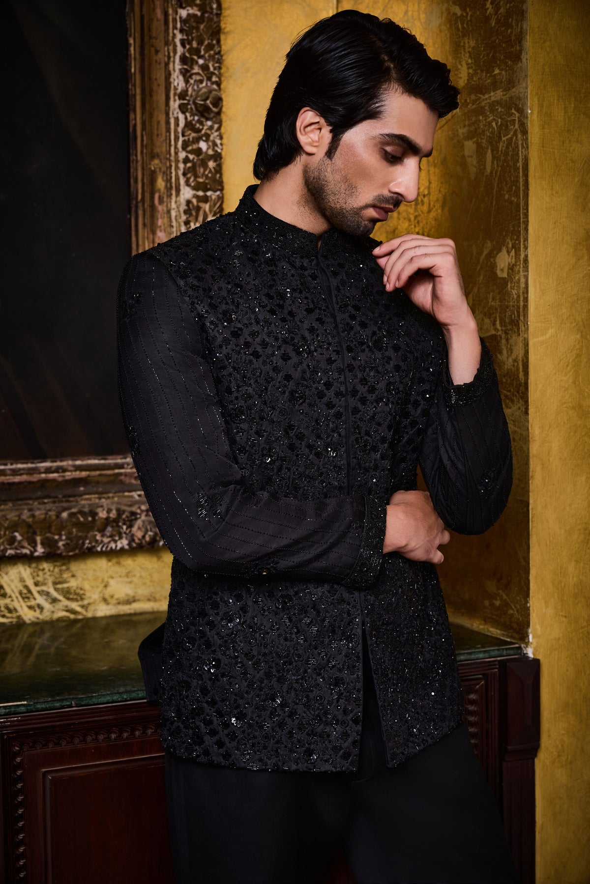 BLACK JODHPURI SUIT FLORAL EMBROIDERY SET