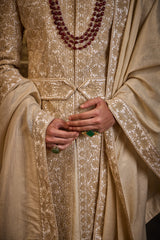 IVORY TAFFETA SHERWANI GOLD KIRAN DORI