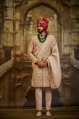 BLUSH RAW SILK SHERWANI BEIGE DORI WORK