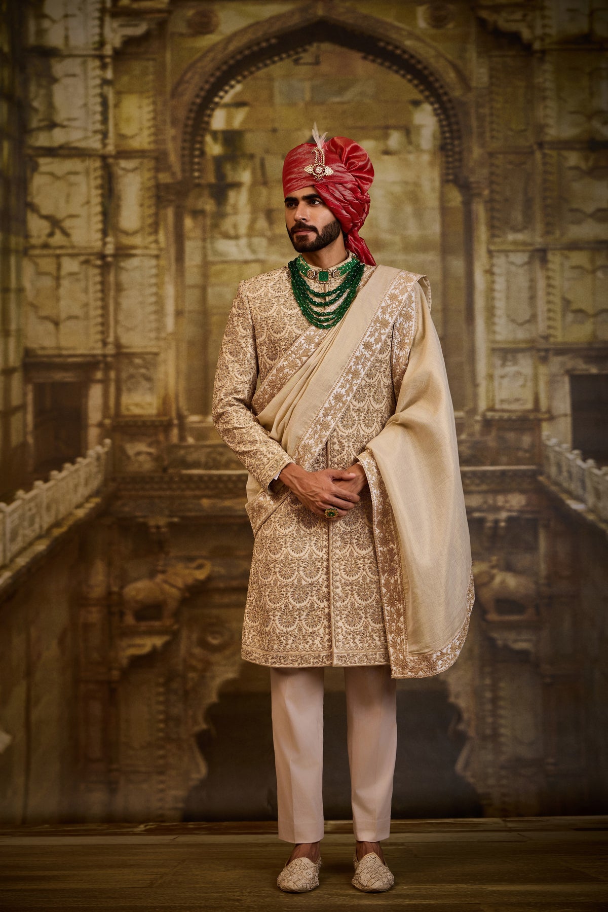 BLUSH RAW SILK SHERWANI BEIGE DORI WORK