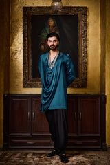 DEEP PEACOCK BLUE DRAPED KURTA SALWAR SET