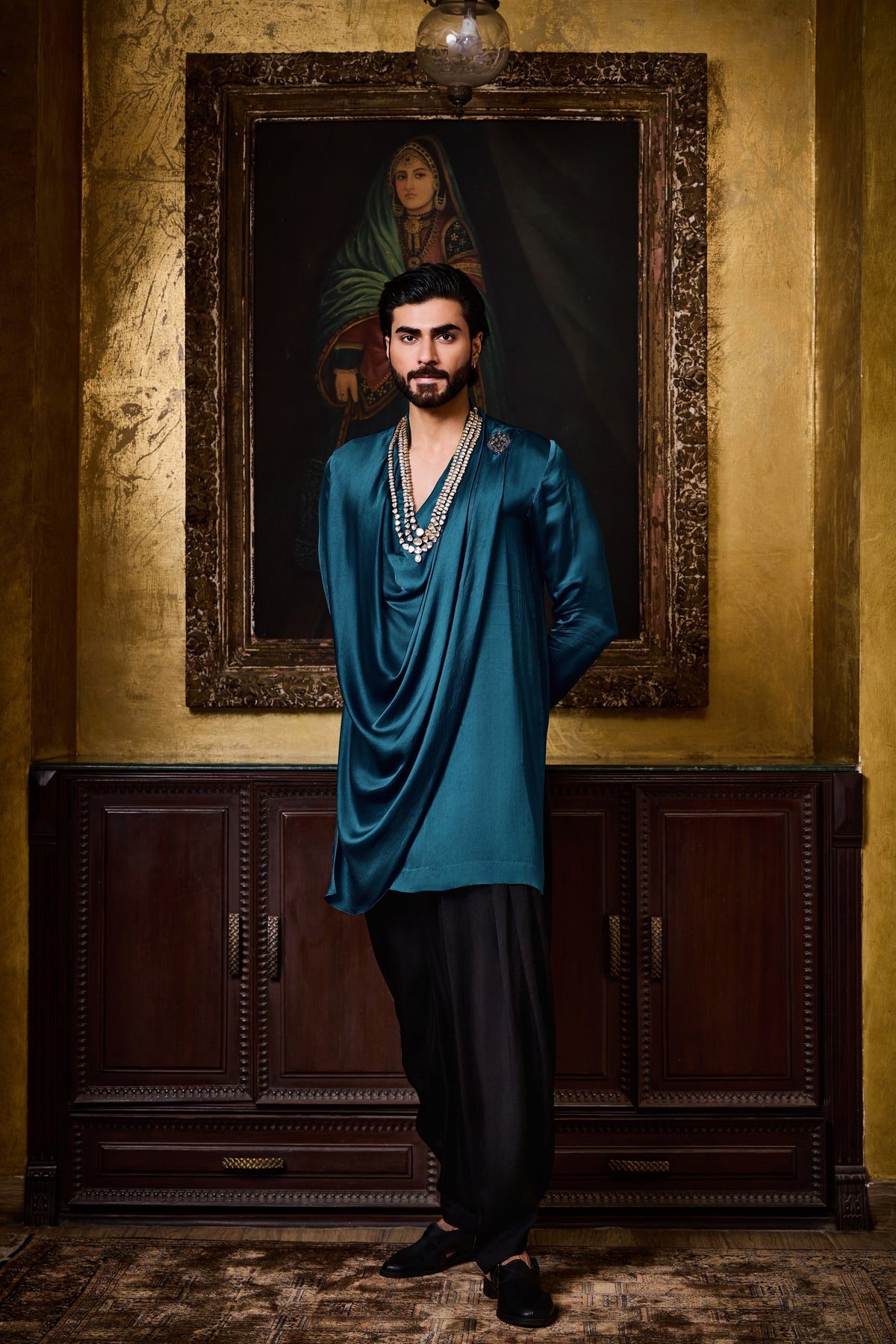 DEEP PEACOCK BLUE DRAPED KURTA SALWAR SET
