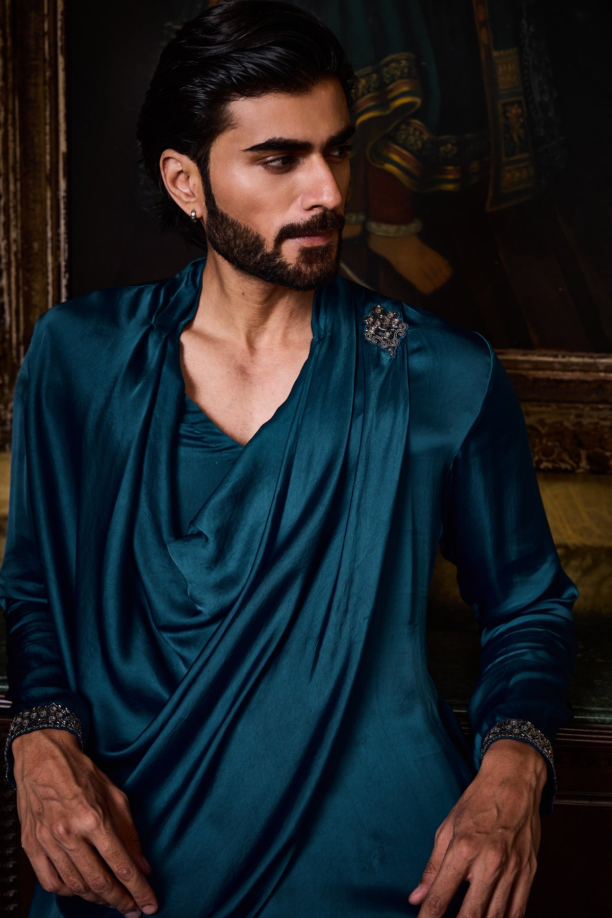 DEEP PEACOCK BLUE DRAPED KURTA SALWAR SET