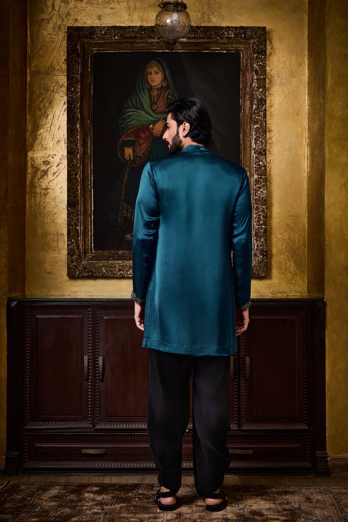 DEEP PEACOCK BLUE DRAPED KURTA SALWAR SET