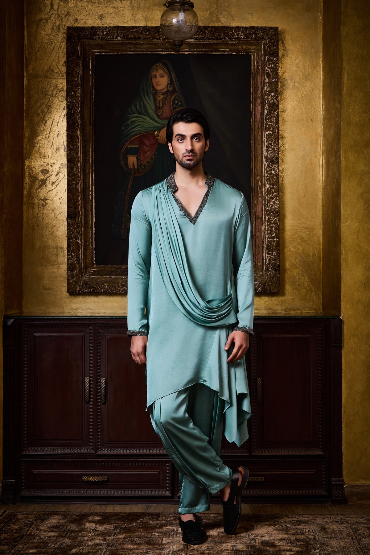 SEA GREEN SATIN DRAPED KURTA COWLED SALWAR SET