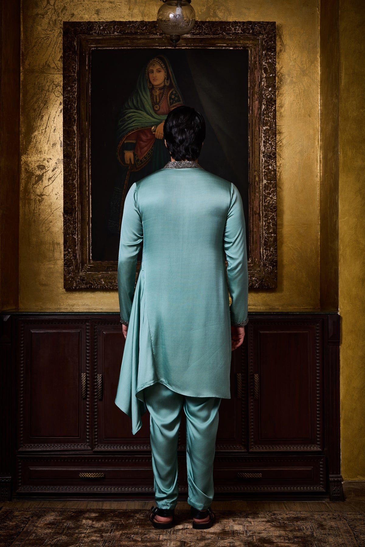 SEA GREEN SATIN DRAPED KURTA COWLED SALWAR SET