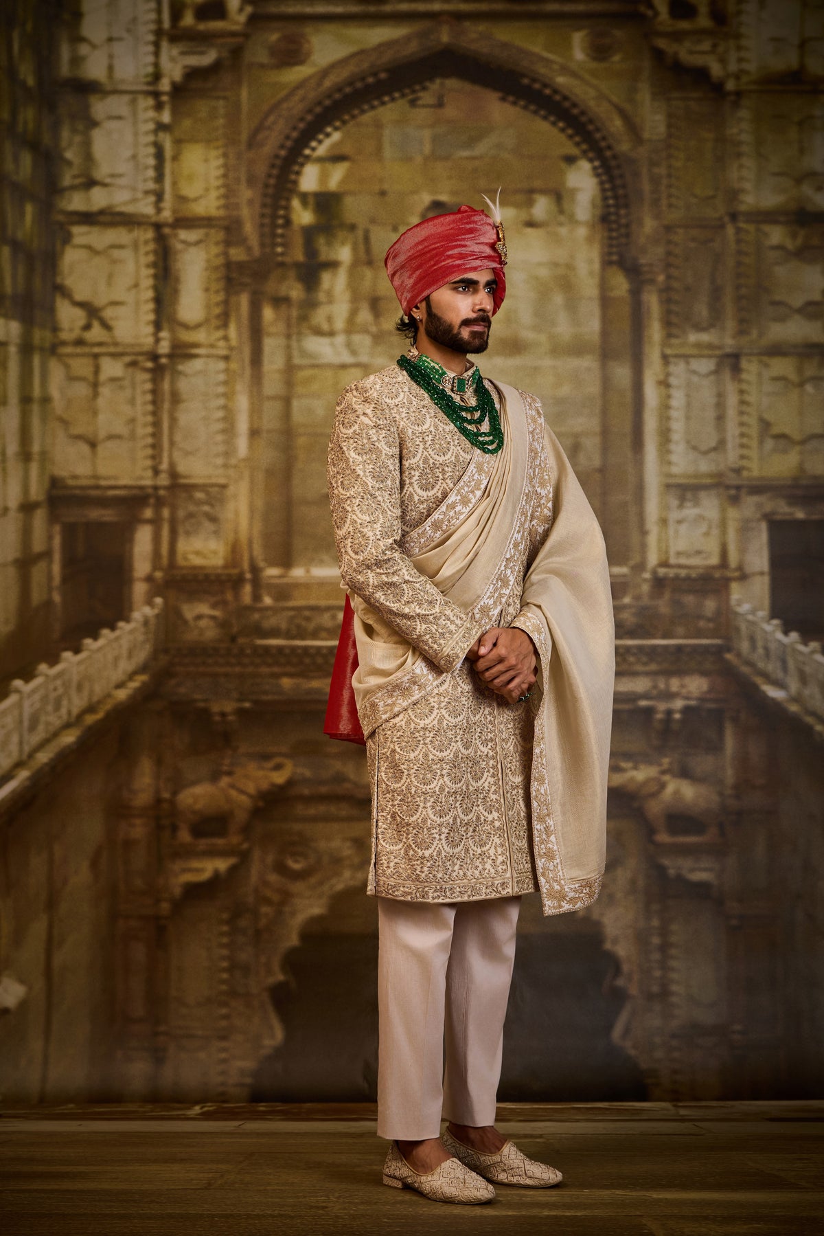 BLUSH RAW SILK SHERWANI BEIGE DORI WORK
