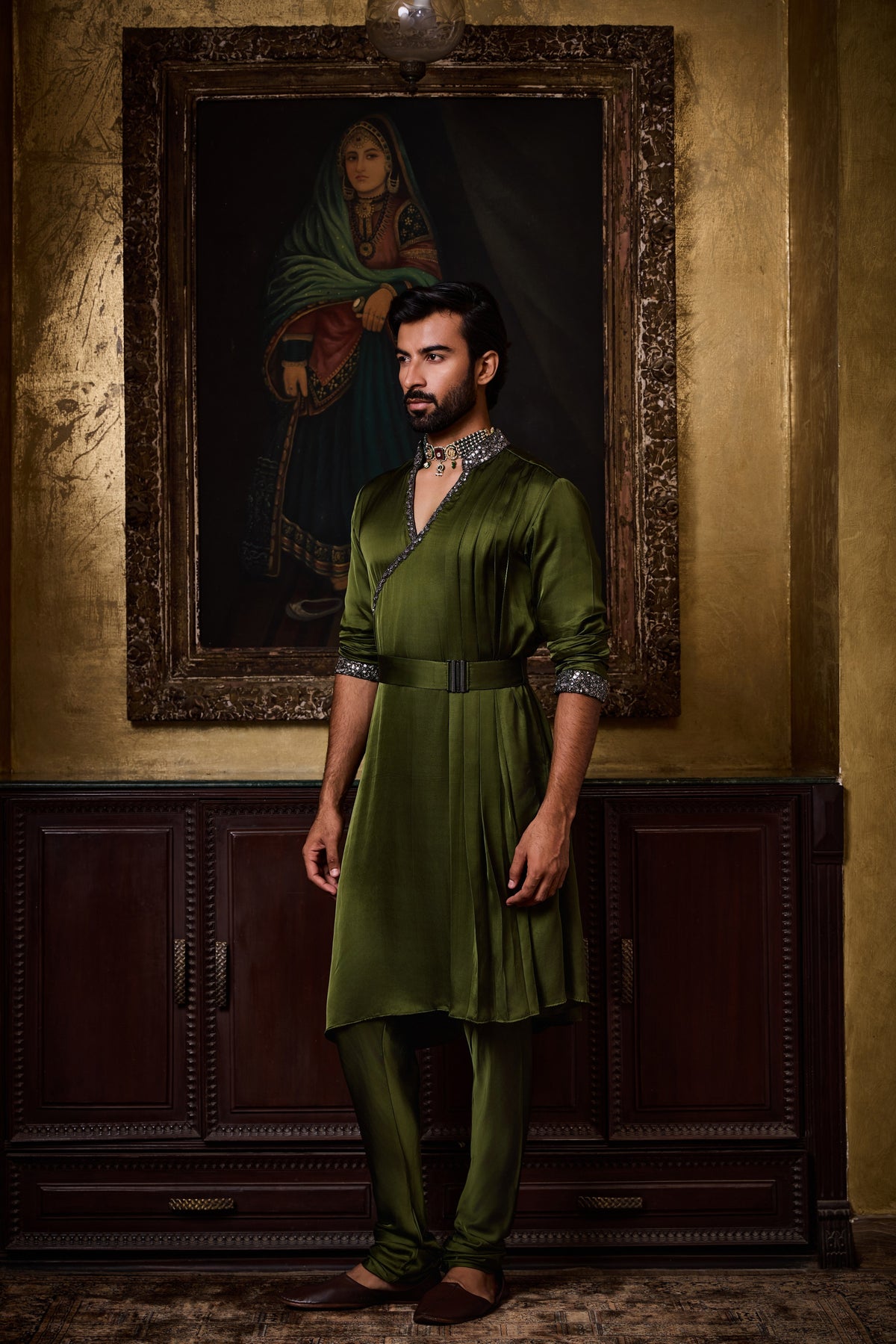 OLIVE GREEN DRAPED KURTA CHURIDAR SET