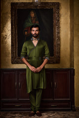 OLIVE GREEN DRAPED KURTA CHURIDAR SET