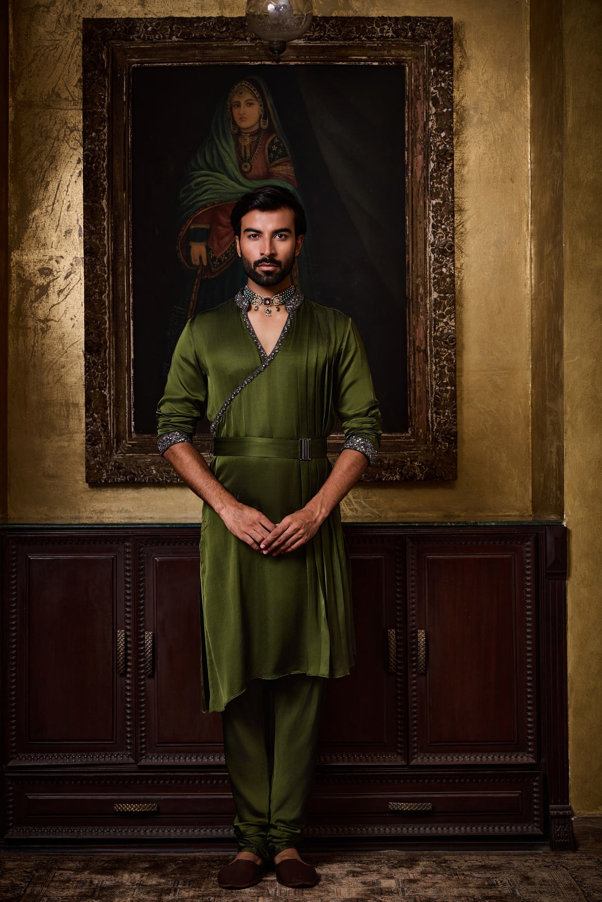 OLIVE GREEN DRAPED KURTA CHURIDAR SET