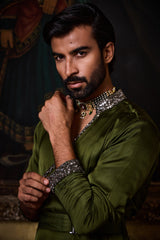 OLIVE GREEN DRAPED KURTA CHURIDAR SET