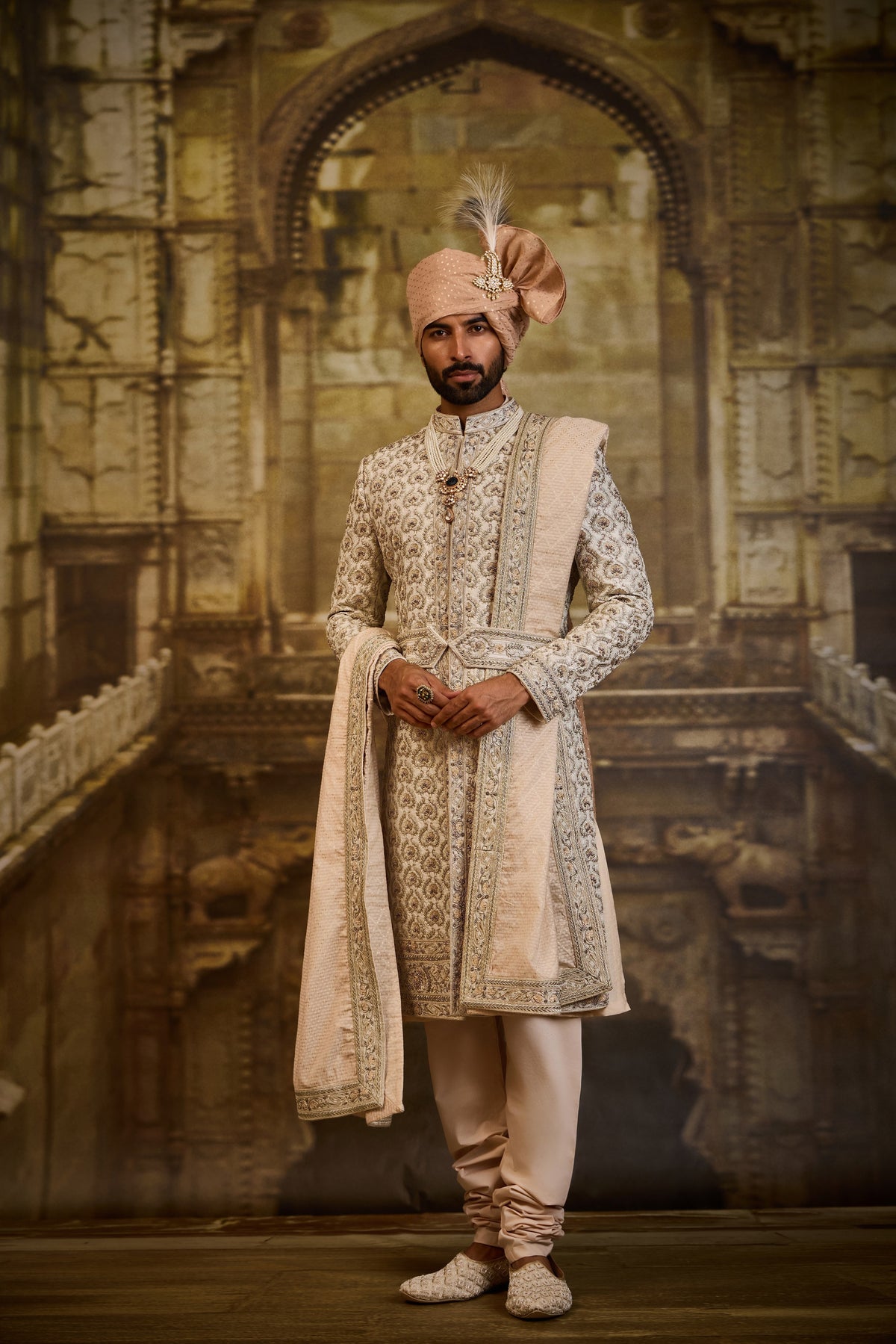 IVORY TAFFETA SILK SHERWANI BEIGE FRENCH KNOTS AND ZARDOZI WORK